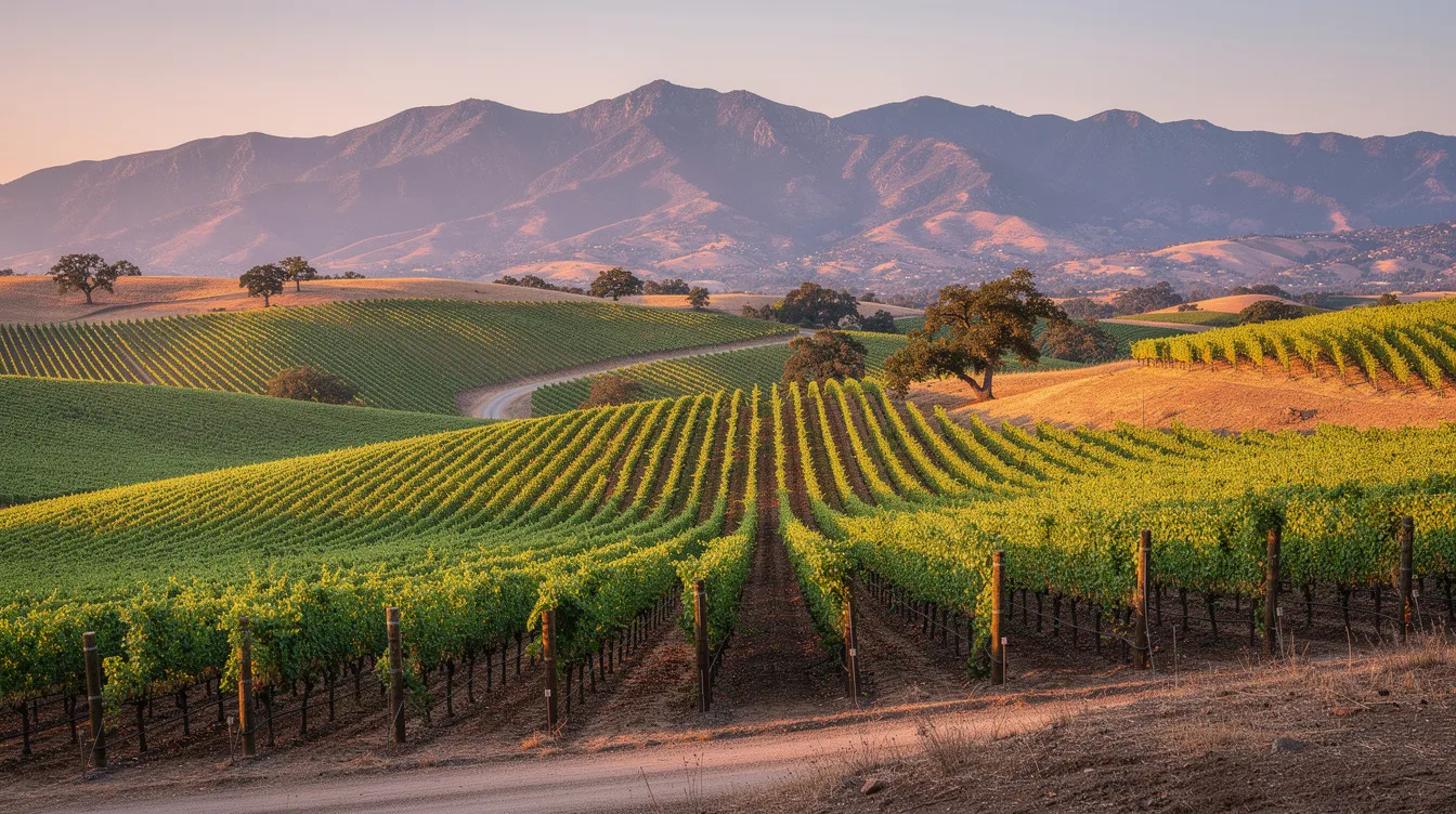 The image depicts a picturesque rolling vineyard landscape in the Santa Ynez Valley, framed by the majestic Santa Ynez Mountains in the background. This serene California setting highlights the region's natural beauty, making it an ideal destination for those seeking private jet travel experiences in Santa Barbara County.