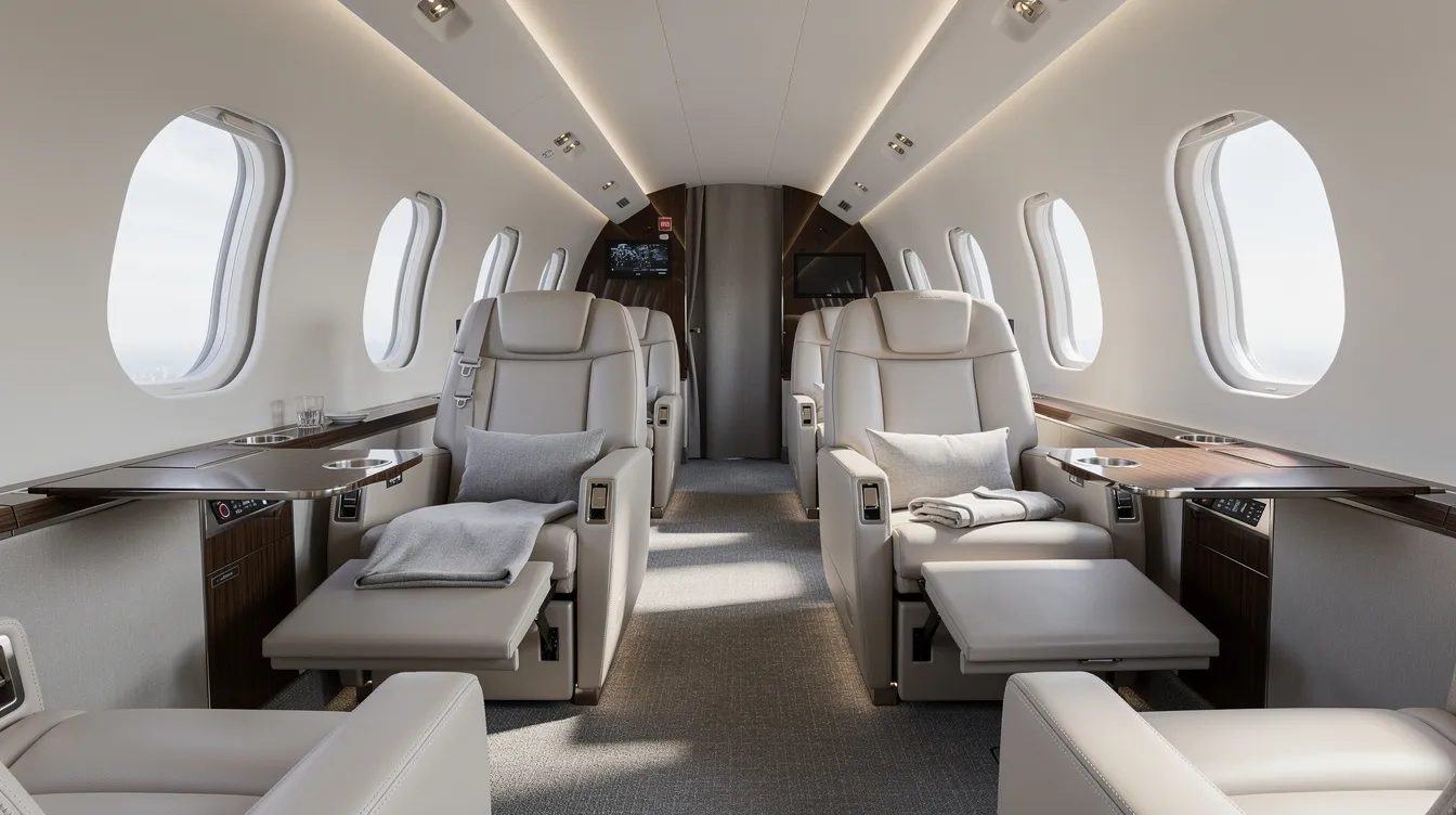 The image depicts the interior of a spacious charter aircraft cabin, featuring comfortable seating arranged in a business configuration, providing ample space and legroom for passengers. This layout is ideal for travelers seeking a private charter experience with enhanced comfort and personalized services during their journey.