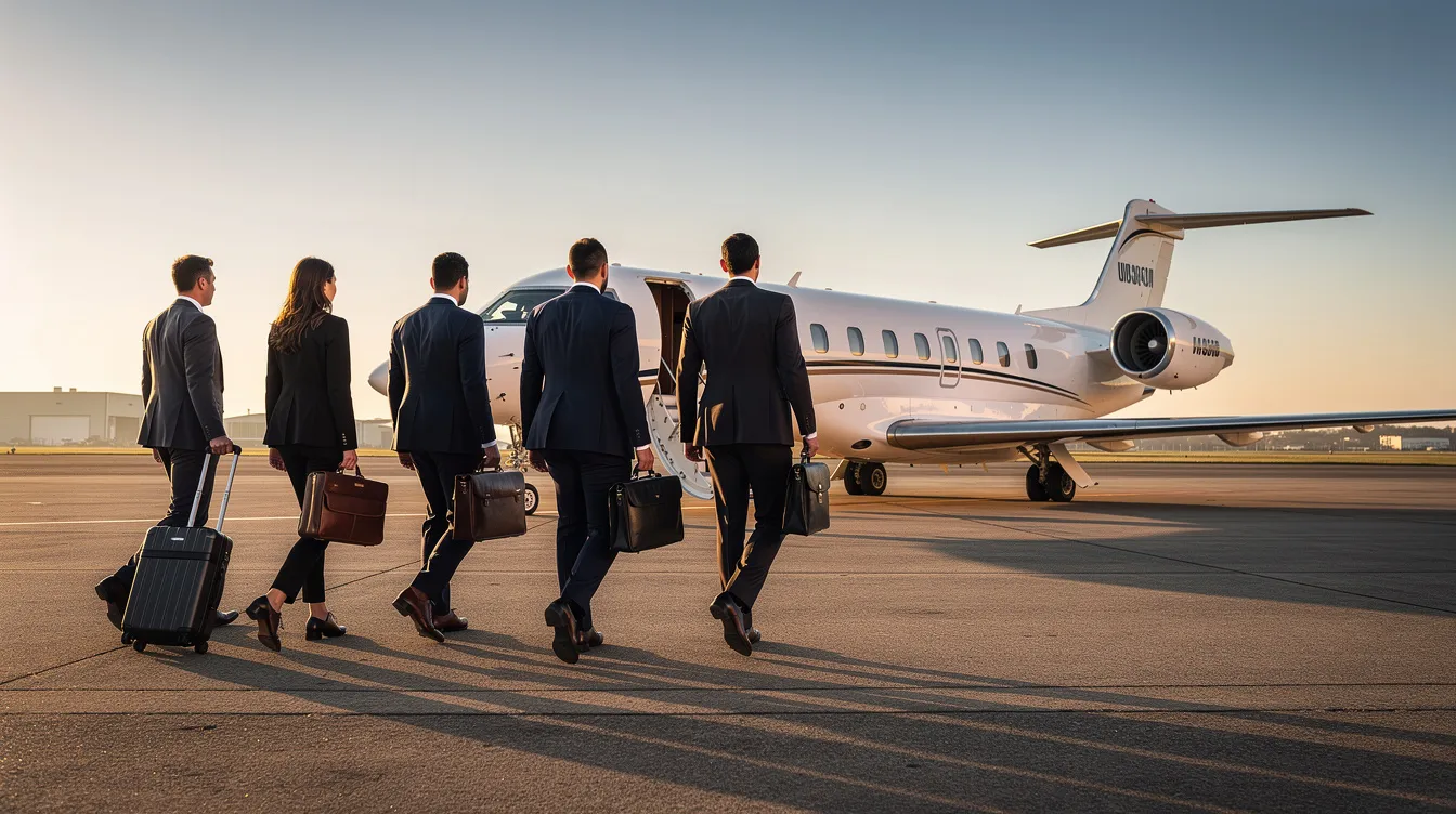 A group of business professionals in formal suits is walking confidently towards a sleek private jet on an airfield, highlighting the allure of private air travel for business purposes. This scene embodies the operational efficiency and customer satisfaction that are key components of a private jet charter business plan.