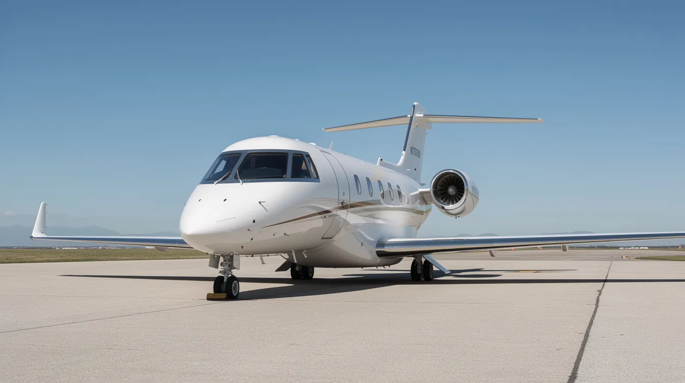 A sleek midsize private jet is parked on a paved runway, with a clear blue sky providing a vibrant backdrop. The aircraft's polished exterior reflects the sunlight, emphasizing its elegance and readiness for flight.