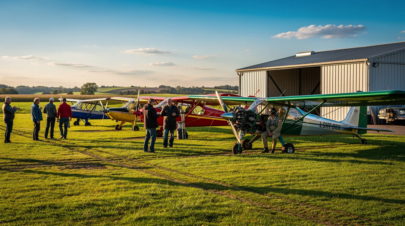 The image depicts several small ultralight aircraft parked on a grassy airstrip next to a rural hangar, with a group of ultralight pilots gathered nearby, sharing their passion for grassroots aviation. The scene captures the essence of adventure and community in ultralight flying.