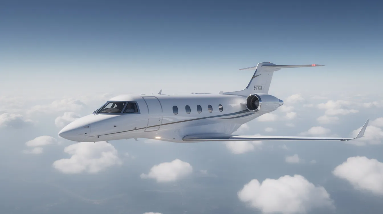 A sleek small private jet, designed for efficient performance and luxurious appeal, soars through a clear blue sky dotted with scattered white clouds. This light aircraft exemplifies modern aviation technology, ideal for both business and leisure travel.
