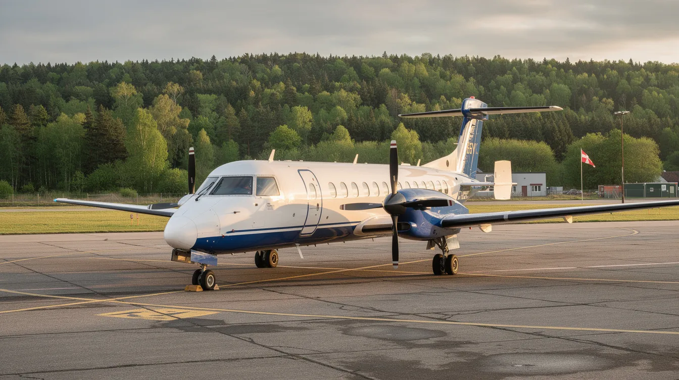 A turboprop aircraft, designed for efficient performance, is parked on the tarmac of a small regional airfield, surrounded by a lush forest backdrop. This light aircraft is a perfect example of general aviation, catering to both business and leisure travel needs.