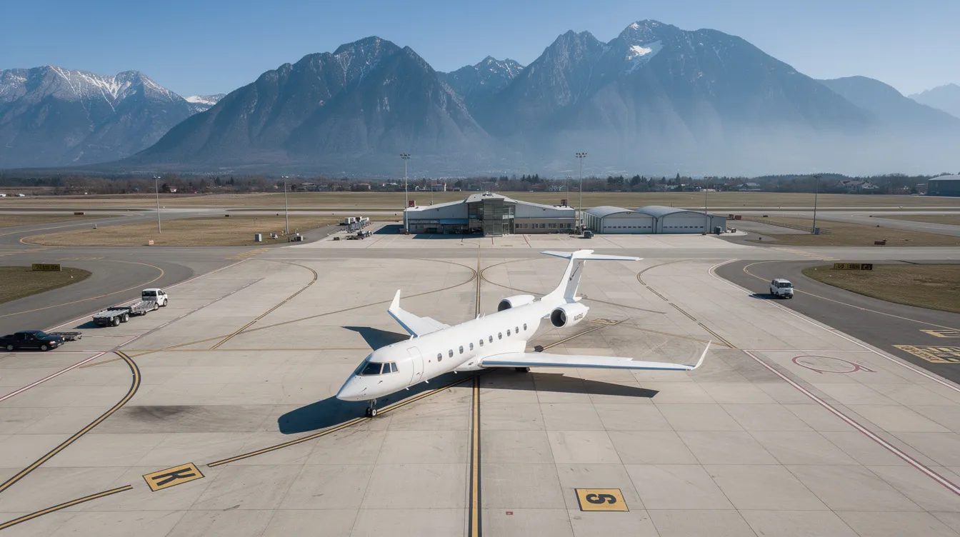 An aerial view captures a private jet parked on the tarmac of a small regional airport, with majestic mountains rising in the background, creating a serene travel scene for passengers. The image highlights the aircraft's sleek design, emphasizing the luxury and exclusivity of private aviation.