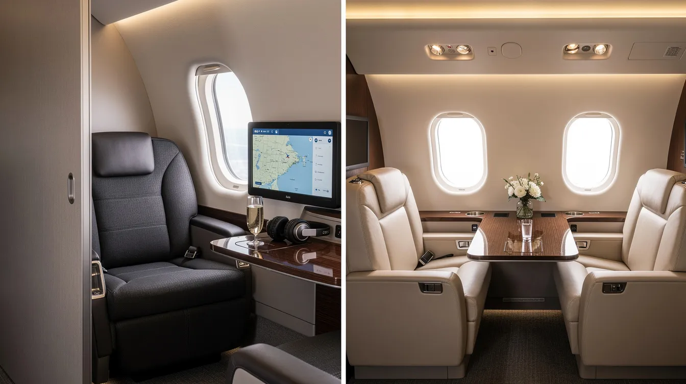 The image shows a side-by-side comparison of a commercial business class suite featuring a privacy door and a luxurious private jet cabin with leather club seating. This visual highlights the comfort and exclusivity of premium travel options, appealing to travelers seeking a superior flying experience.