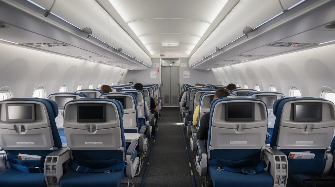 The image depicts the interior of a narrow-body commercial aircraft cabin, showcasing rows of blue economy seats arranged from the front towards the rear. The layout includes standard seats and preferred seats, providing options for passengers, including those seeking extra legroom, while the Boeing 737-800's modern design enhances the overall travel experience.