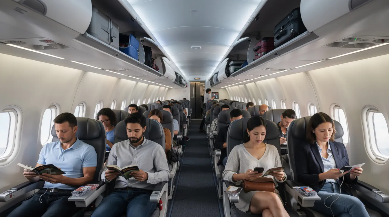 Inside a modern Southwest Airlines Boeing 737-800 cabin, passengers are seated comfortably in standard and extra legroom seats, with overhead bins open as they read or use personal devices. The interior features the Boeing Sky Interior design, providing a spacious and inviting atmosphere for travelers.