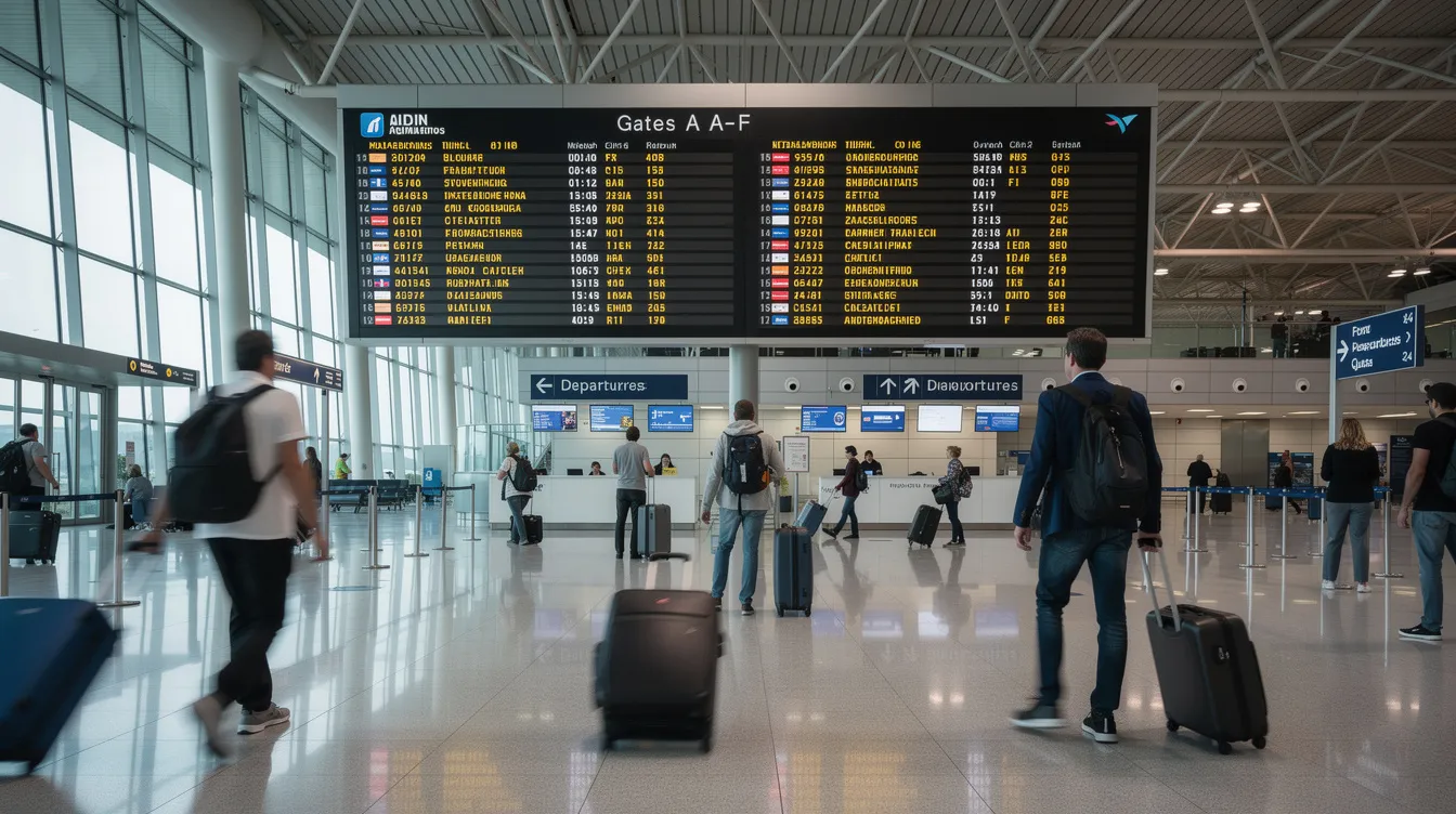 A bustling airport terminal filled with travelers navigating past large departure boards displaying flight information for both domestic and international flights. The scene captures the excitement and anticipation of passengers as they prepare for their journeys to various destinations around the world.