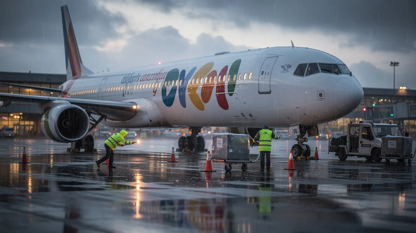 A commercial airplane from Southwest Airlines is parked on a rainy tarmac, with ground crew members nearby preparing for upcoming flights. The scene captures the essence of travel plans amidst the weather, highlighting the importance of up-to-date information regarding flight delays and cancellations.