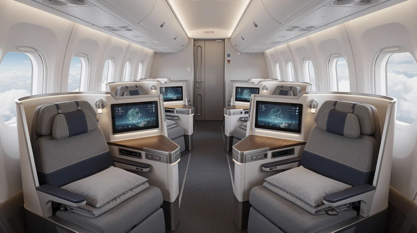 The image depicts the interior of a modern airline business class cabin featuring lie-flat seats arranged in pairs, typical of wide-body aircraft like the Boeing 777. The sleek design emphasizes comfort and luxury, catering to passengers traveling with airlines such as United Airlines and British Airways.