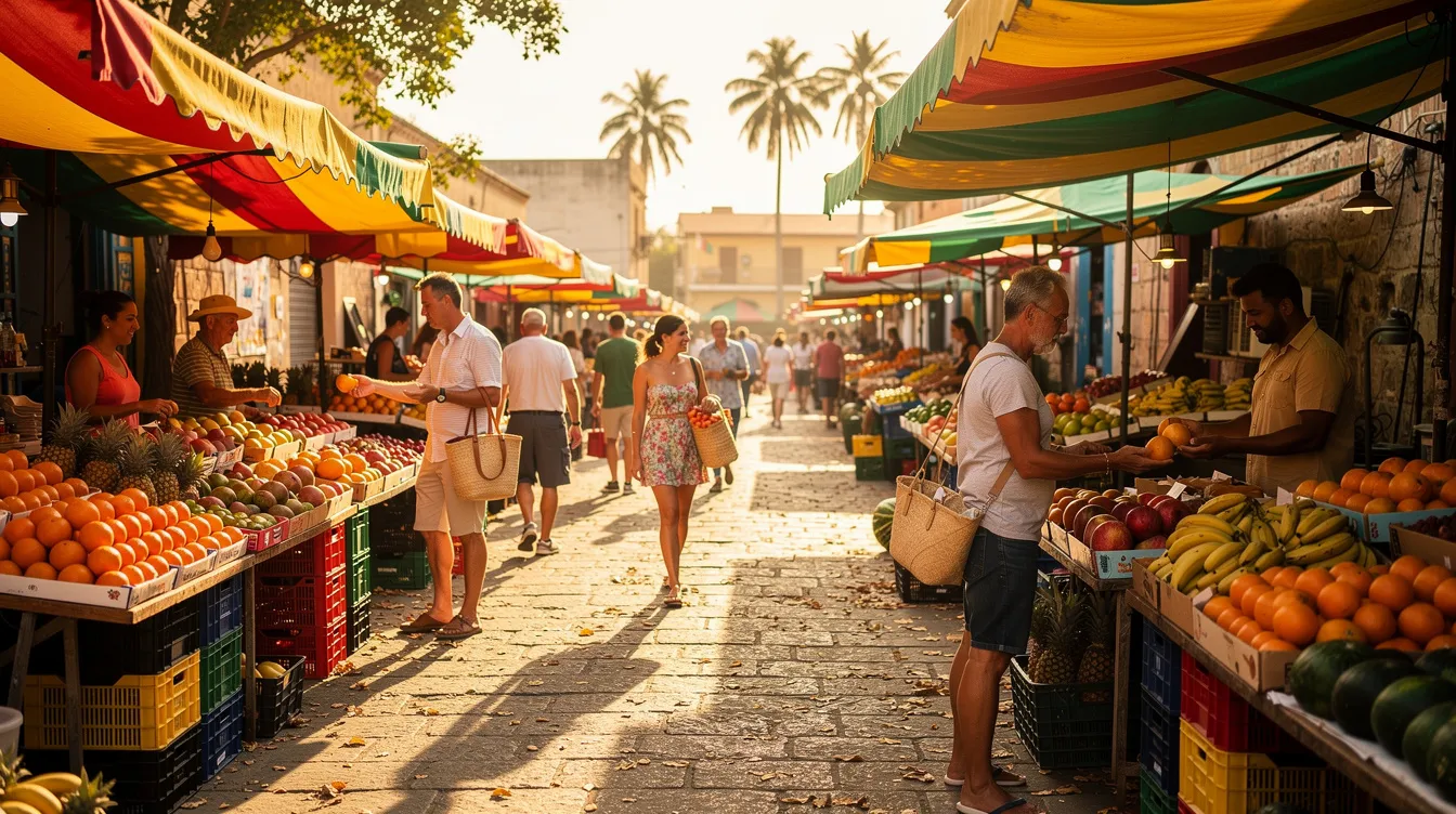 A bustling open-air street market filled with vibrant fruit stalls and colorful awnings, set in a warm climate, where locals and travelers alike explore the diverse offerings. This lively scene is a great way to experience local culture while enjoying budget-friendly prices on fresh produce and street food.
