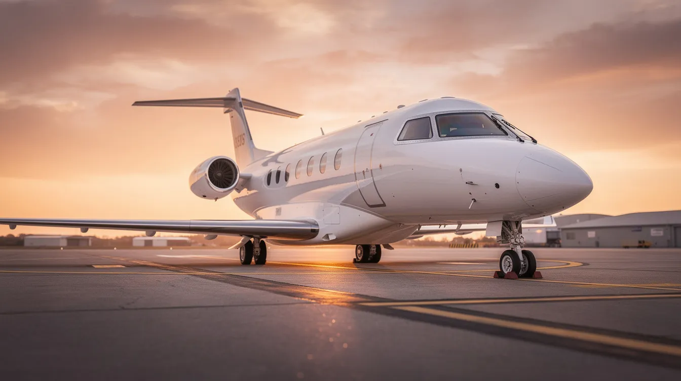 A sleek private jet is parked on a tarmac with a vibrant sunset in the background, creating a picturesque scene that evokes the luxury of air travel. This image represents the allure of booking flights for international trips or holiday flights, highlighting the excitement of planning ahead for your next adventure.