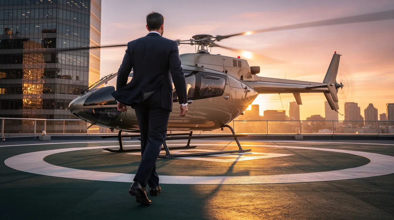 The image depicts an executive confidently walking towards a turbine helicopter on a rooftop helipad against a vibrant sunset backdrop. This scene highlights the allure of private helicopter ownership, showcasing the exceptional performance and capabilities of rotorcraft in urban environments.