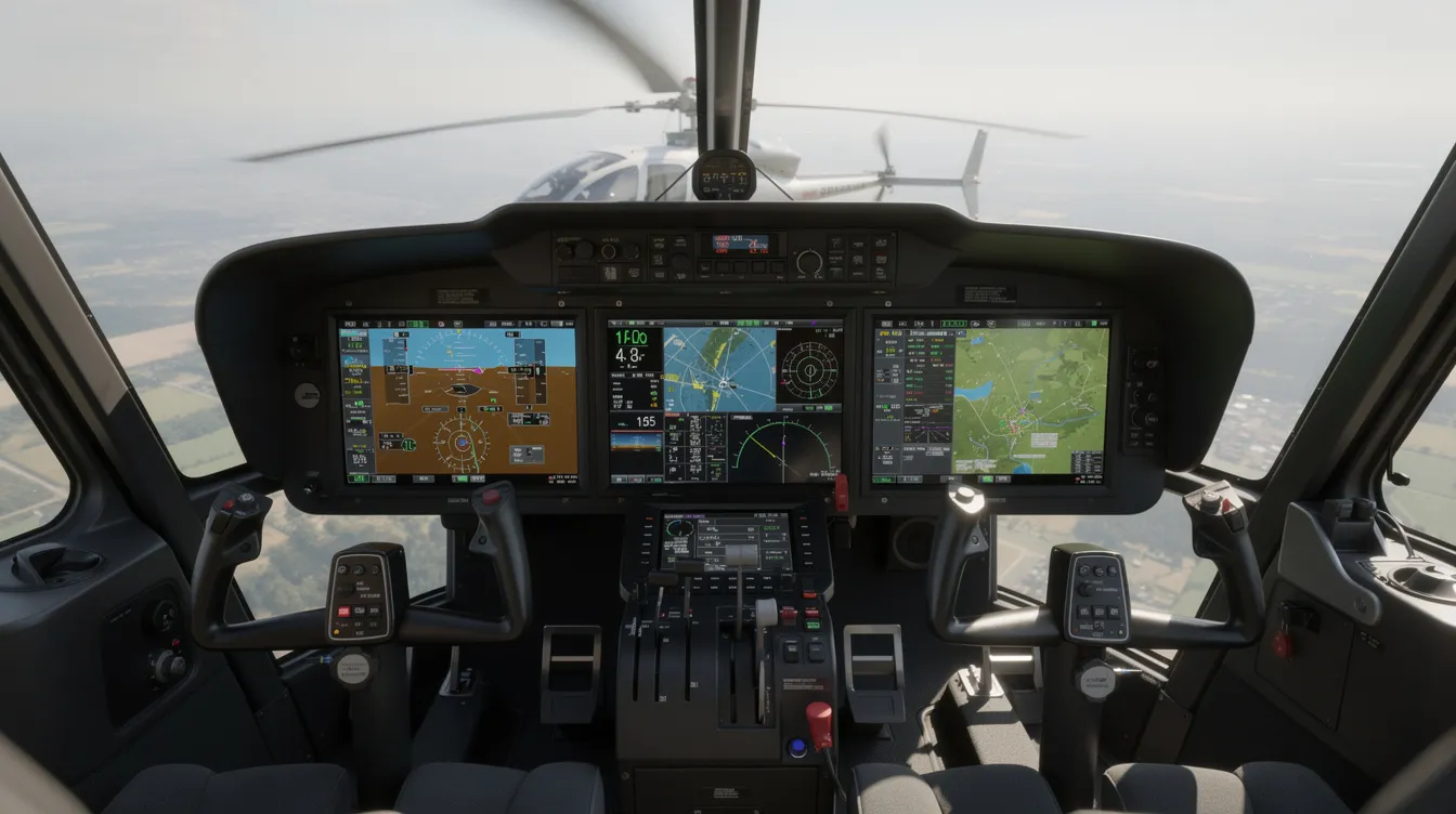 The image showcases the modern glass cockpit interior of a light turbine helicopter, featuring advanced avionics and digital flight displays. This sophisticated setup enhances pilot workload management and operational efficiency, making it ideal for private helicopter ownership and various missions.