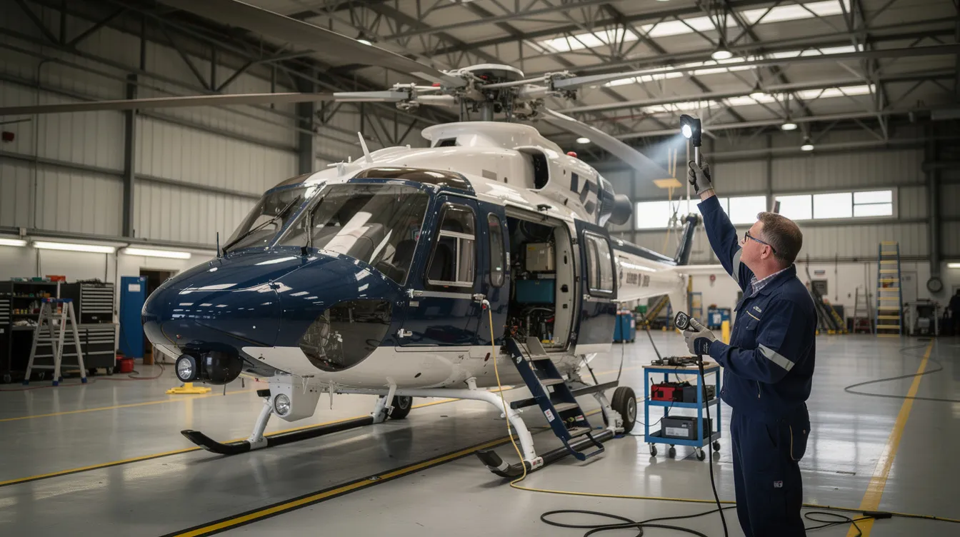 A mechanic is carefully inspecting the rotor assembly of a turbine helicopter inside a spacious maintenance hangar, ensuring the aircraft's reliability and safety for private helicopter ownership. The scene highlights the importance of regular maintenance and the attention required for major components to maintain exceptional performance.