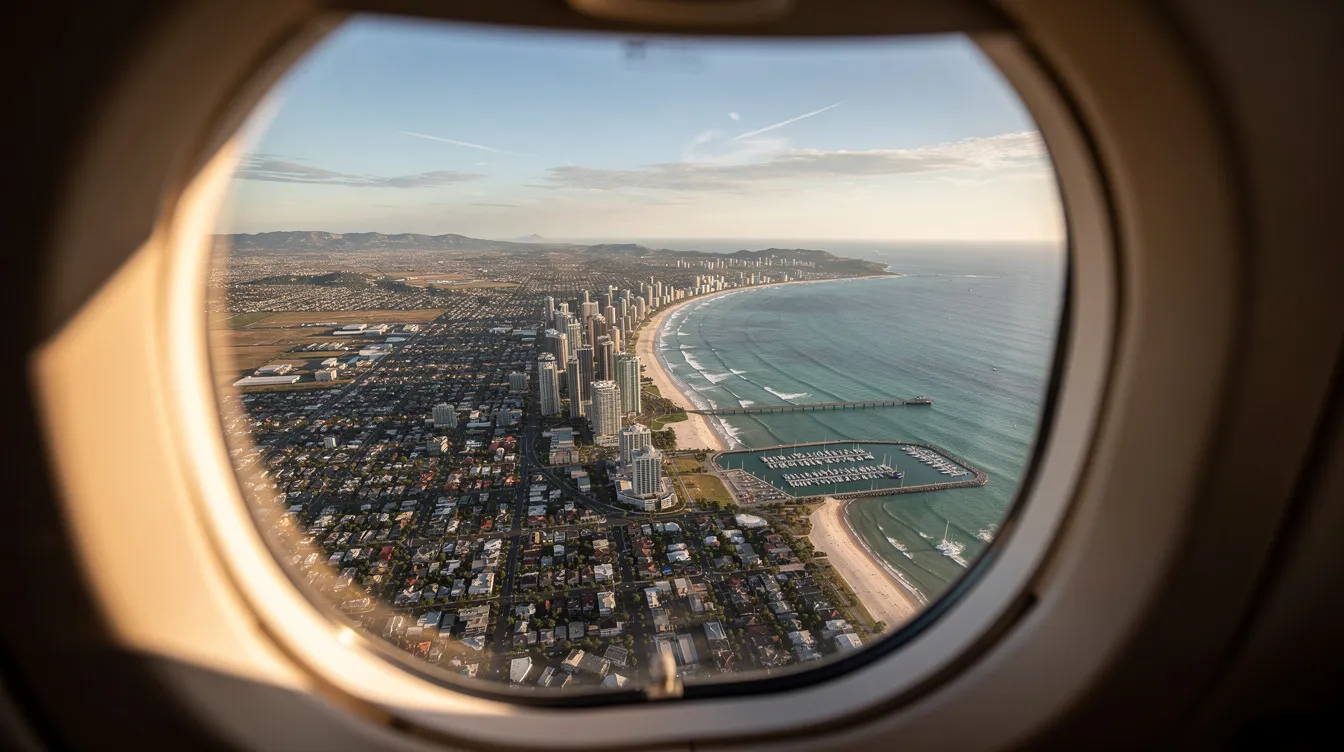 An aerial view from a private jet showcases a vibrant coastal city with sparkling waters and sandy beaches, framed by high-rise buildings and lush greenery. This stunning perspective highlights the beauty of private jet travel, offering a glimpse into the luxurious experience of flying in a private aircraft.