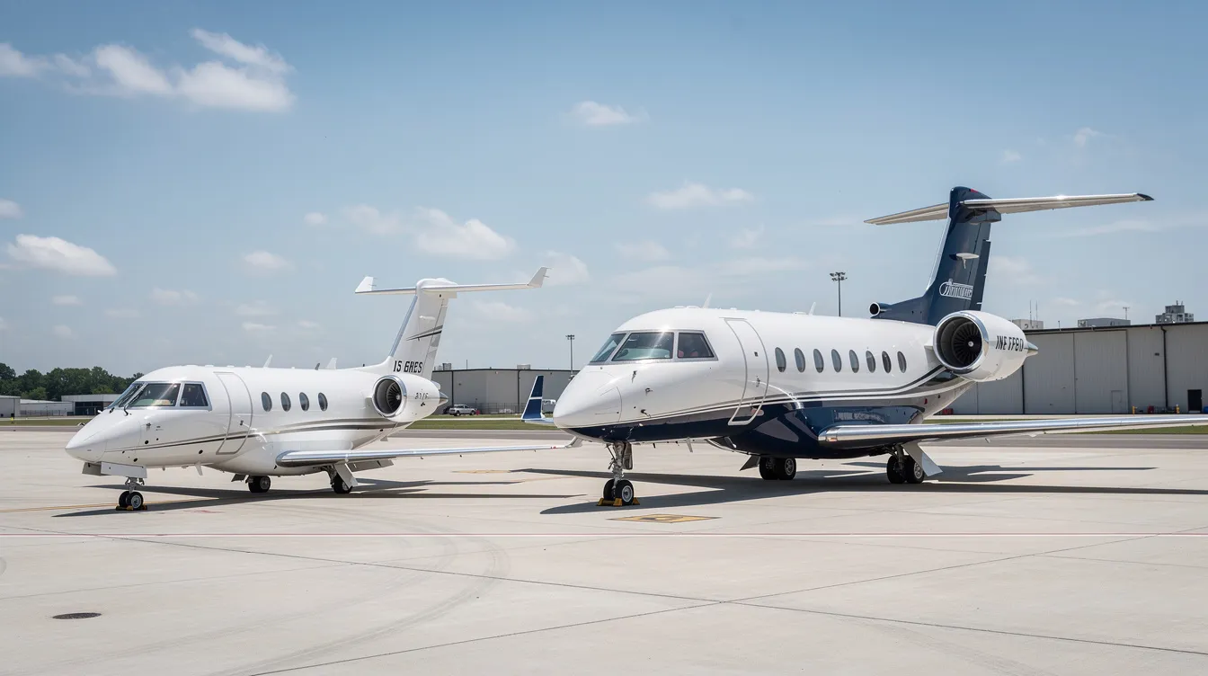 A small private jet and a larger business jet are parked side by side on an airport ramp, showcasing different aircraft types in the private aviation industry. This image highlights the variety of options available for private jet travel, including light jets and larger aircraft for charter flights.