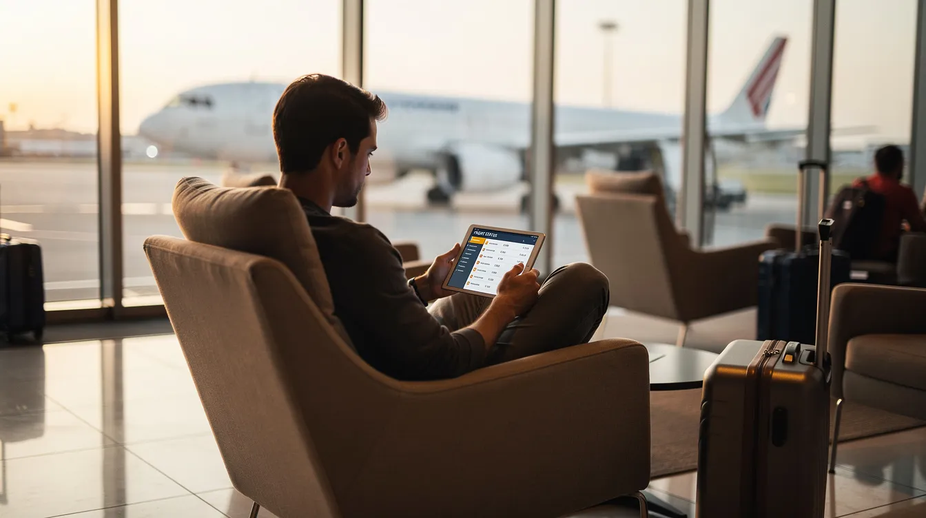 A traveler sits comfortably in an airport lounge, focused on a tablet device, possibly planning their next private jet flight or researching private jet charter costs. The relaxed atmosphere suggests a moment of preparation before embarking on their journey, whether it be a domestic flight or an international adventure.
