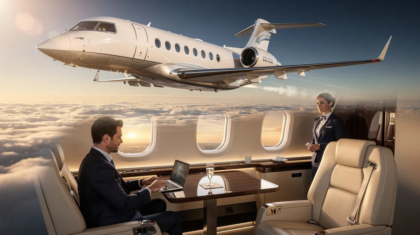 The image depicts a luxurious private jet parked on a runway, symbolizing exclusive travel options. It emphasizes the importance of trip insurance to protect against unforeseen events, such as trip cancellations and medical emergencies, ensuring a stress-free journey.