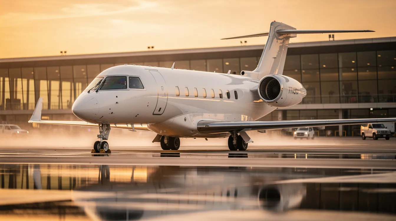 The image depicts a luxurious private jet parked on a runway, symbolizing exclusive travel options. It emphasizes the importance of trip insurance to protect against unforeseen events, such as trip cancellations and medical emergencies, ensuring a stress-free journey.