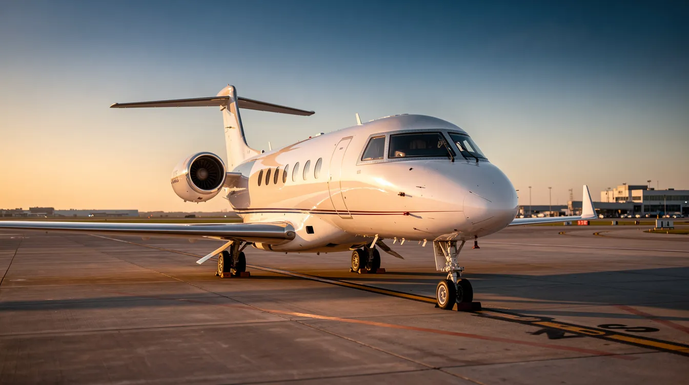 A private jet is parked on a tarmac, bathed in the warm glow of golden hour, with a clear blue sky overhead. This serene scene evokes the luxury of travel, highlighting the importance of flight insurance and trip insurance for a worry-free journey.