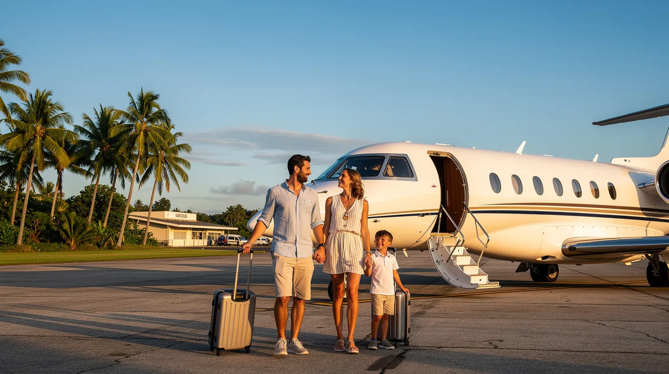 A family stands together near a private jet at a tropical airport, surrounded by palm trees, ready for their adventure. They may consider purchasing trip insurance to protect against flight cancellations and other unexpected travel expenses.