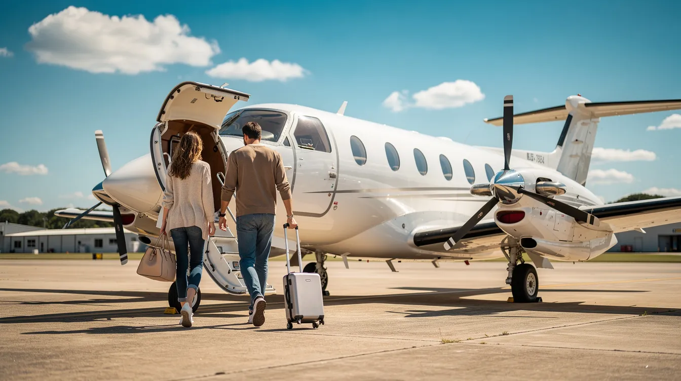 A couple is boarding a small private aircraft on a sunny day, ready to embark on their trip. They are likely considering trip insurance to protect against any unforeseen events that could impact their travel plans.