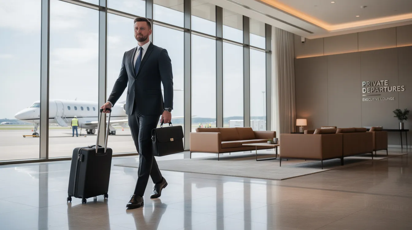 A business traveler is seen walking through a sleek and modern private aviation terminal, surrounded by contemporary design elements and amenities. This scene highlights the convenience and luxury often associated with private flights, emphasizing the importance of trip insurance for safeguarding travel plans and expenses.