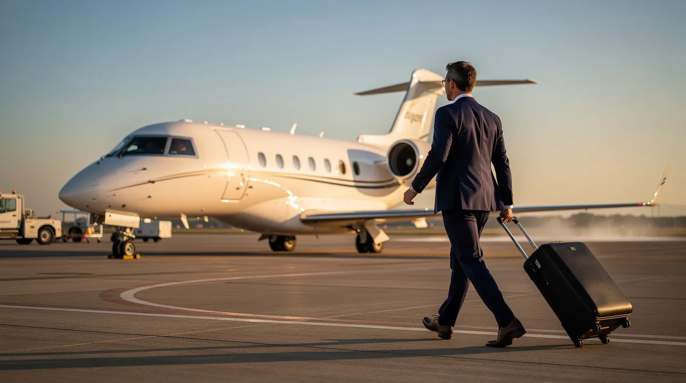 A business traveler is walking across a private aviation tarmac towards a sleek mid-size jet under a clear blue sky, embodying the convenience and luxury of private air travel. This scene highlights the importance of purchasing travel insurance, as it can provide coverage for unexpected circumstances that may disrupt travel plans.