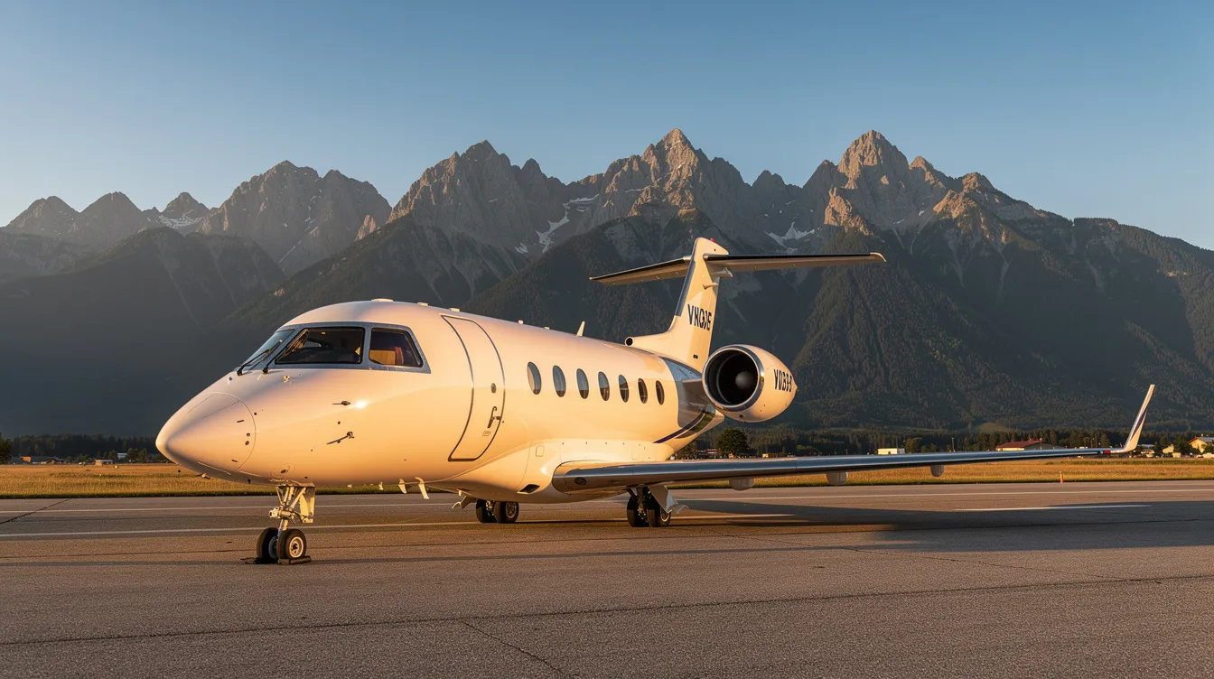 A sleek private jet is parked on a runway, with majestic mountains rising in the background under a clear blue sky, symbolizing the luxury and freedom of travel. This scene highlights the importance of travel insurance, as unexpected circumstances can disrupt even the most well-planned trips.