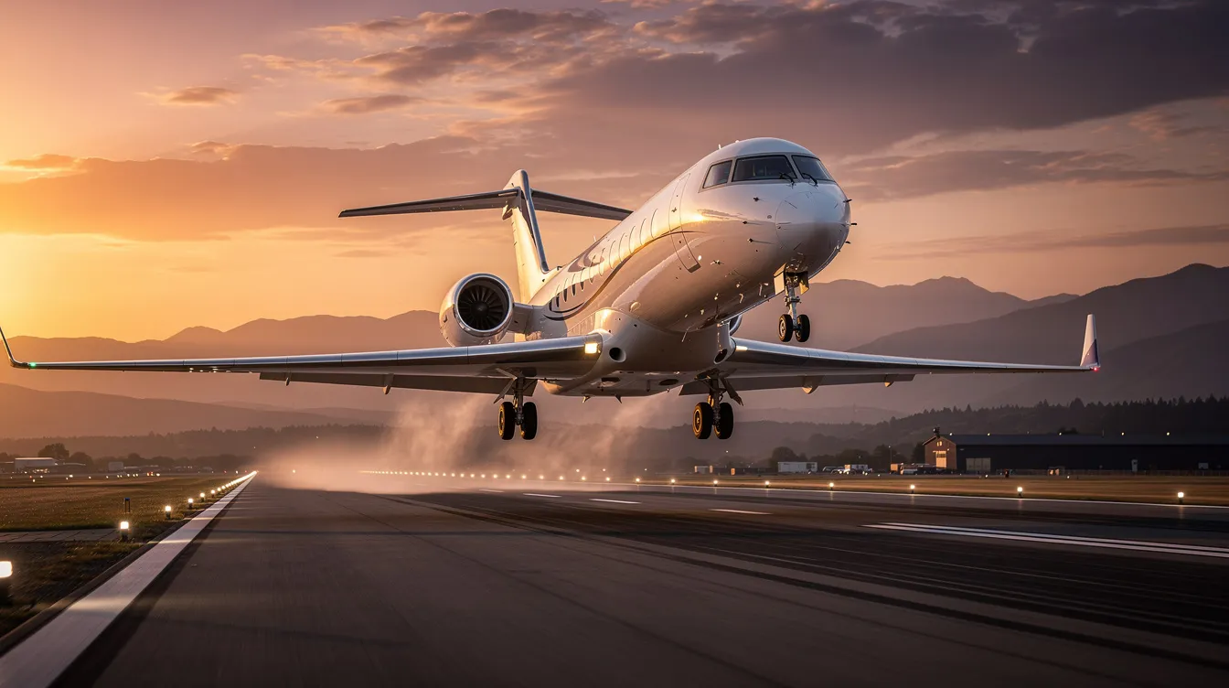 A sleek private jet is taking off from a runway at sunset, with majestic mountains in the background, symbolizing the excitement of aircraft ownership and the journey of selling or buying an airplane. The vibrant colors of the sunset reflect the potential adventures awaiting the new owner as they embark on their flying experience.