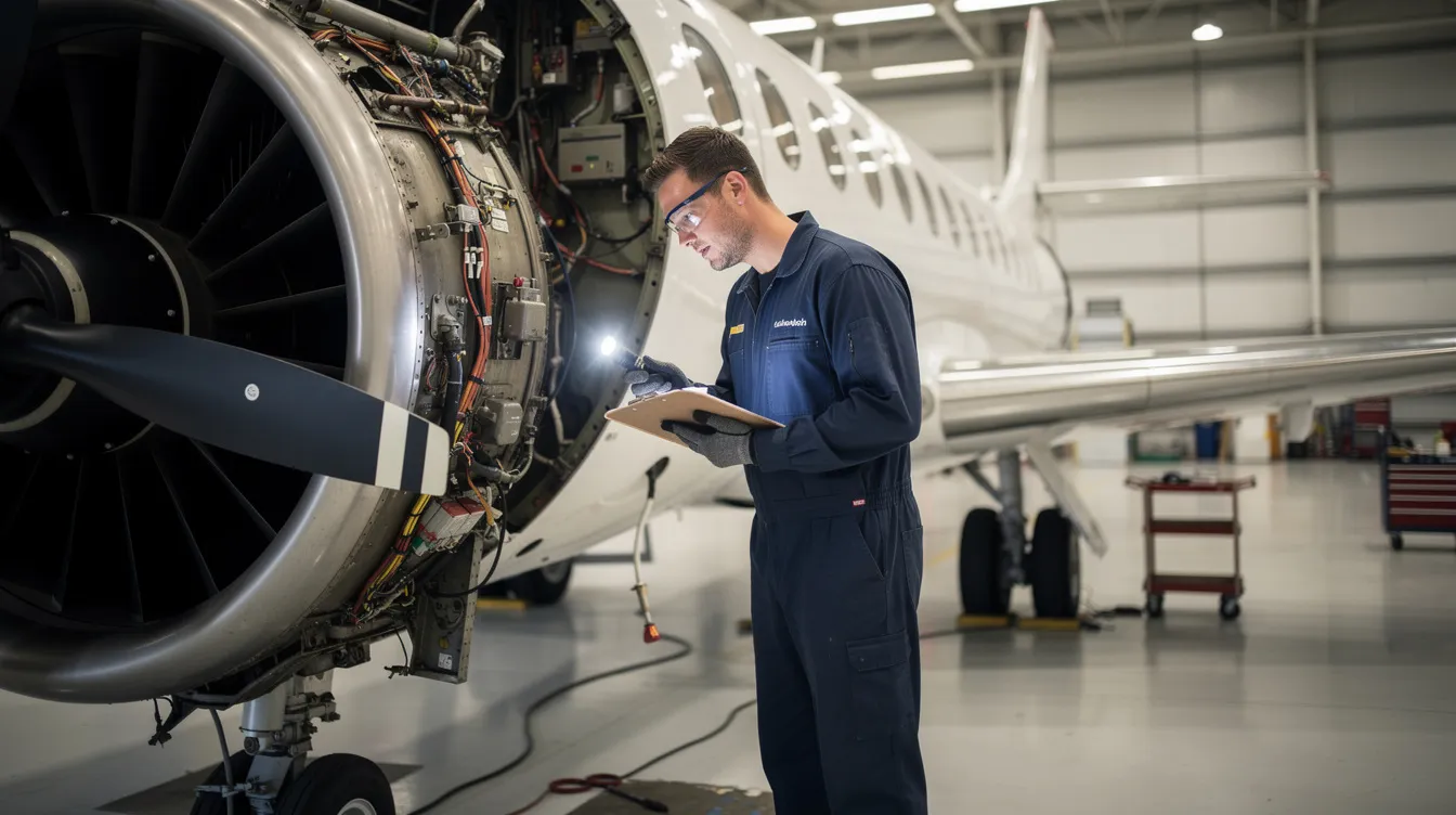 A mechanic in coveralls is inspecting an airplane engine inside a well-lit hangar, ensuring it meets federal regulations and airworthiness standards. This pre-purchase inspection is a crucial step in the aircraft ownership process, helping to verify the engine's condition before any sale or transfer of ownership takes place.