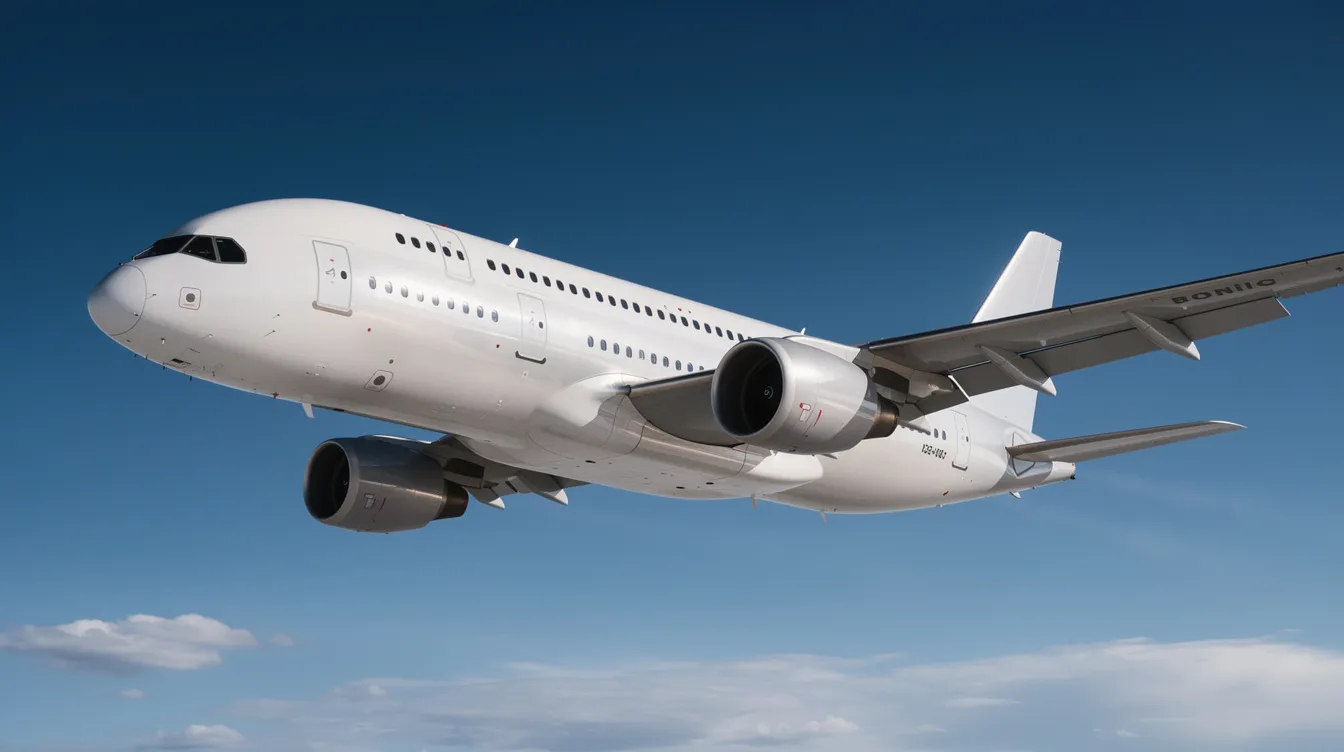 A commercial wide-body aircraft, specifically an Airbus A380, soars through a clear blue sky, showcasing its distinctive double-deck windows. This aircraft, known as the world's largest passenger airliner, is designed for long-haul routes and features advanced technology for fuel efficiency.