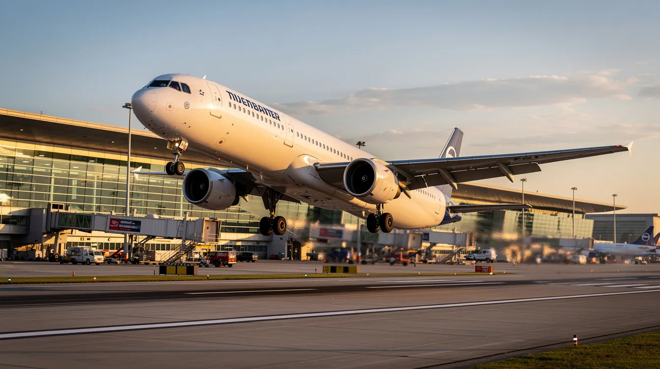 A large Airbus A380 commercial aircraft is taking off from a runway, with airport terminal buildings visible in the background. This aircraft, known as the world's largest passenger airliner, features a double-deck layout and is often used by major airlines like Singapore Airlines and Qatar Airways for long-haul routes.