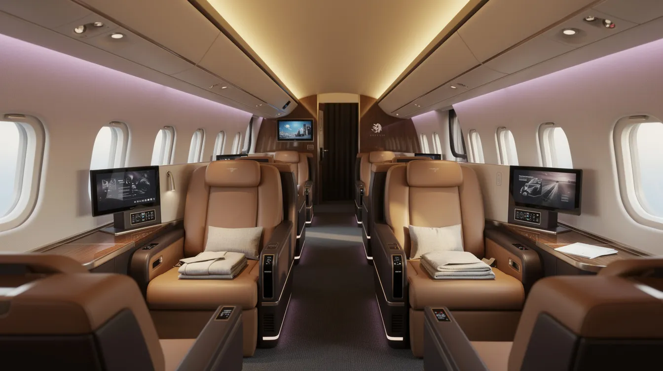 The image depicts the luxurious interior of a wide-body aircraft cabin, featuring plush leather seats and sophisticated ambient lighting, typical of an Airbus A380. This elegant setting is designed for comfort, showcasing premium cabins that enhance the passenger experience on long-haul routes.
