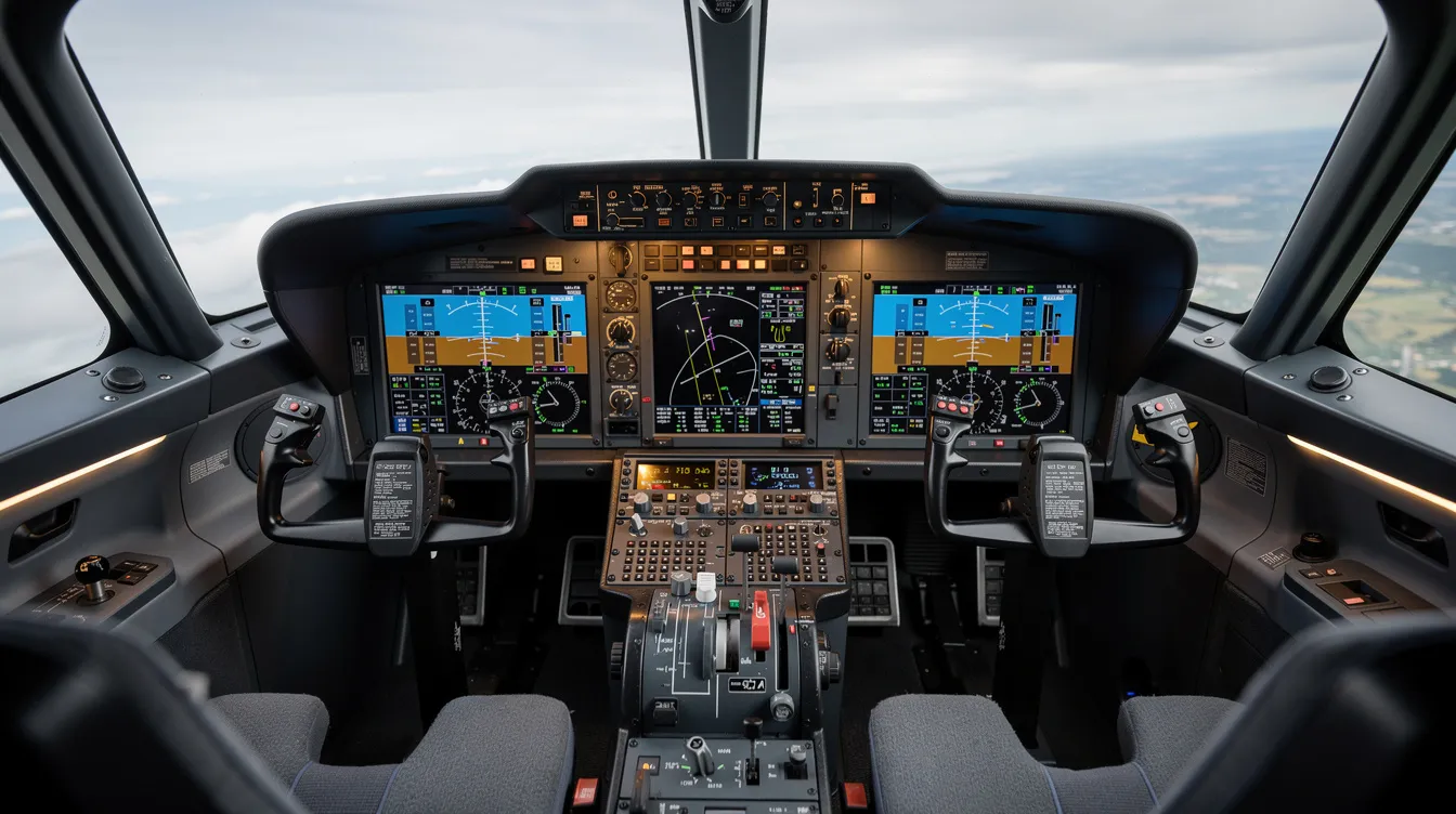 The image depicts a modern helicopter cockpit featuring advanced digital avionics screens and flight controls, highlighting the operational efficiency and onboard capabilities of Airbus helicopters. The design includes dual controls and a spacious cabin, suitable for both civil and military applications.