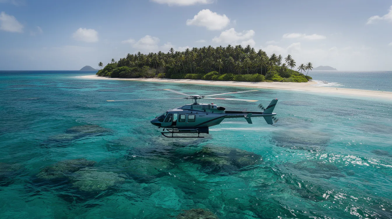 A helicopter is flying low over the turquoise waters of the ocean, heading towards a lush tropical island. This image captures the sleek design of the aircraft, which could be an Airbus helicopter, showcasing its operational efficiency and capabilities in a picturesque setting.