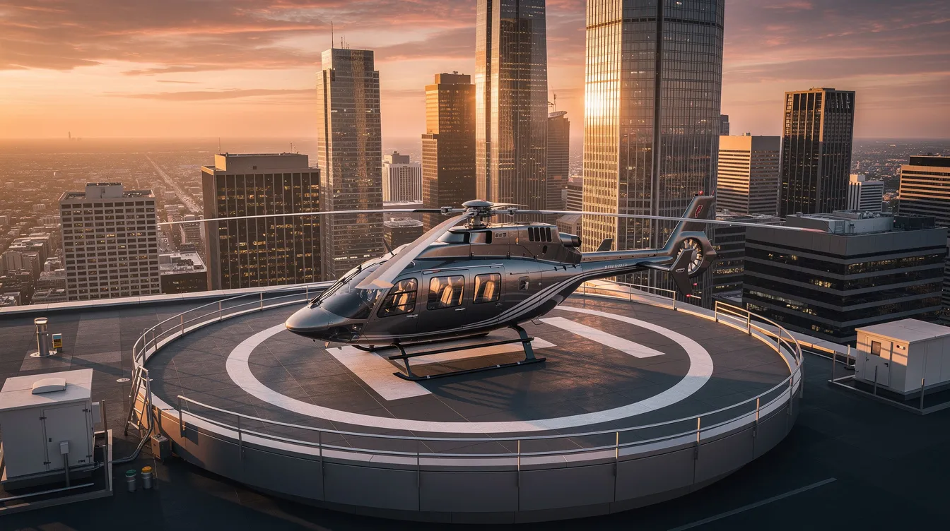 A sleek Airbus corporate helicopter is parked on a rooftop helipad, overlooking a vibrant city skyline bathed in the warm hues of sunset. The helicopter features a spacious cabin and advanced onboard capabilities, making it an ideal choice for corporate travel and VIP configurations.