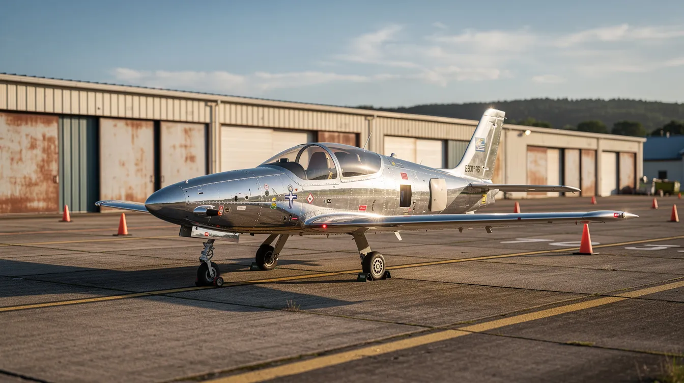 A small experimental velocity aircraft is parked on the tarmac of a regional airport, with hangars visible in the background. This unique plane, designed for four adults, showcases its sleek airframe and performance features, making it an exciting option for builders and aviation enthusiasts interested in aircraft for sale.