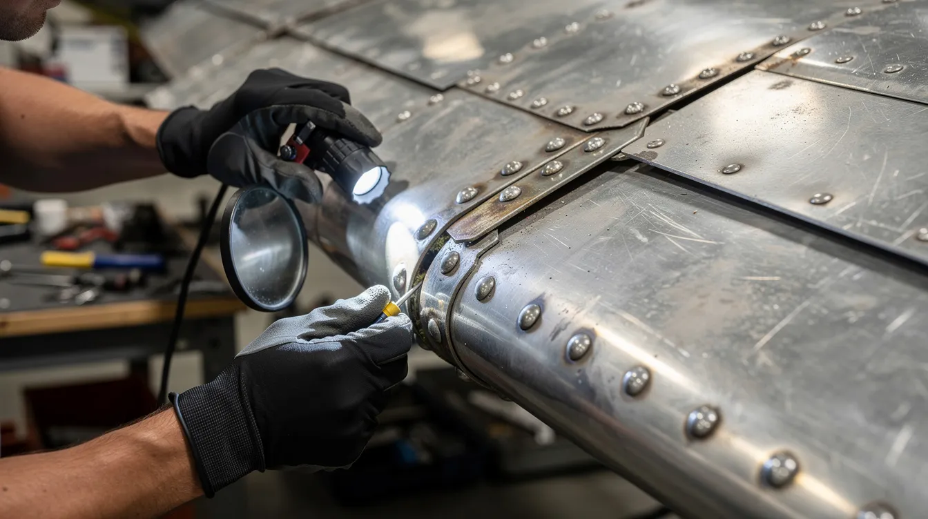 A mechanic is closely inspecting the riveted aluminum joints of an aircraft wing in a workshop, focusing on the intricate details of the airframe construction. This scene highlights the craftsmanship involved in building kit aircraft, such as the Zenith CH 750, designed for efficient flying and homebuilt aviation projects.