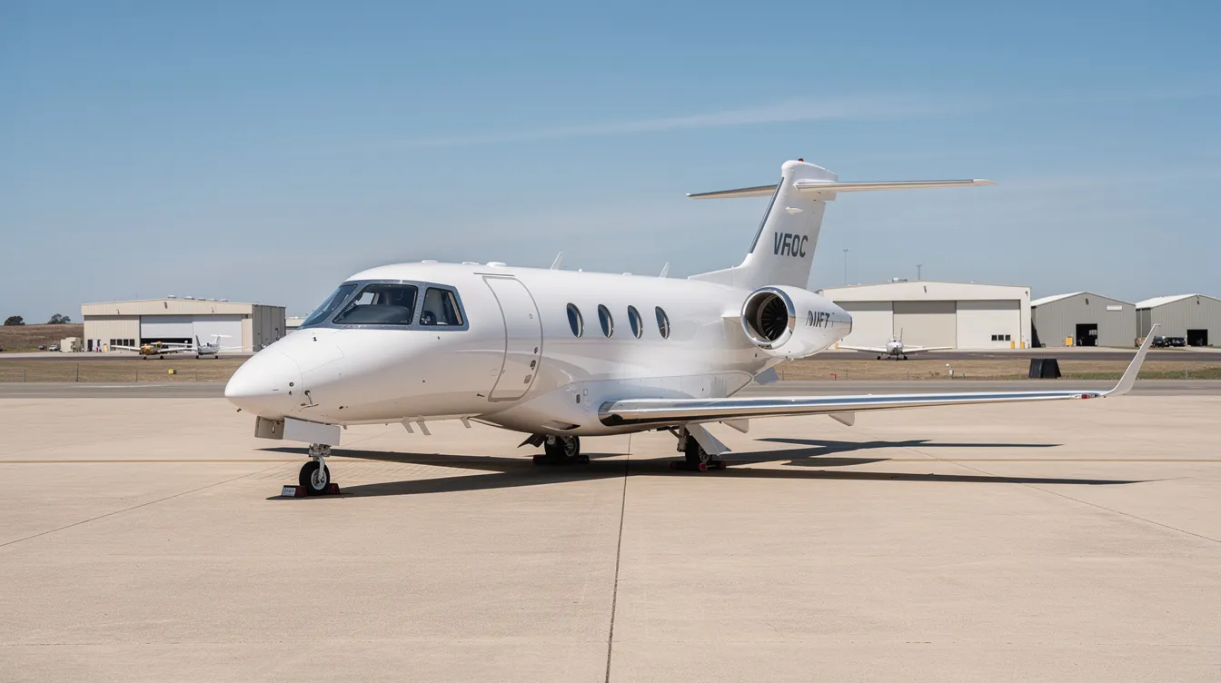 A small white very light jet, representing the affordable private aviation segment, is parked on a tarmac at a regional airport under a clear blue sky. This efficient aircraft, ideal for private jet owners, showcases the convenience of flying private with its low operating costs and ability to access smaller airports.