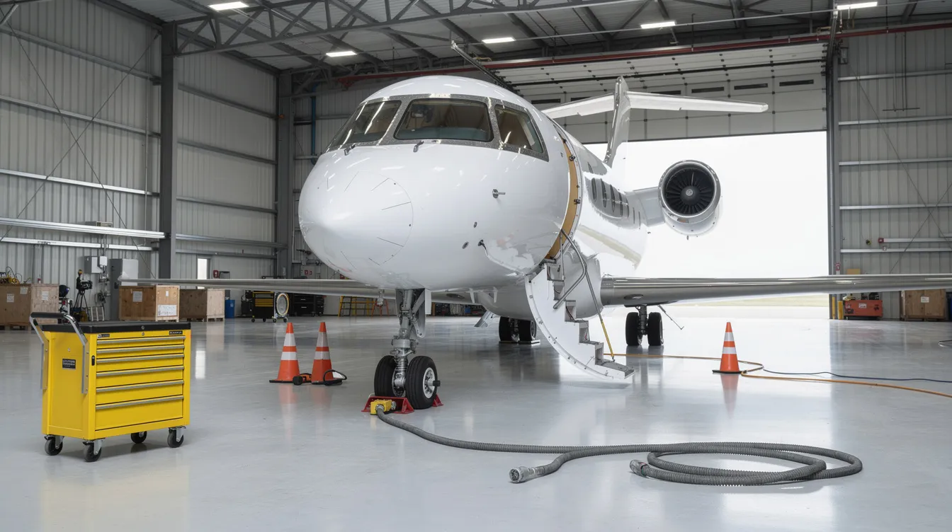The image shows a private jet parked inside a spacious hangar, with various maintenance equipment visible nearby, highlighting the operational aspects of private aviation. This setting emphasizes the importance of upkeep for private jet owners, particularly for economical private jets like the Cirrus Vision Jet and Cessna Citation.