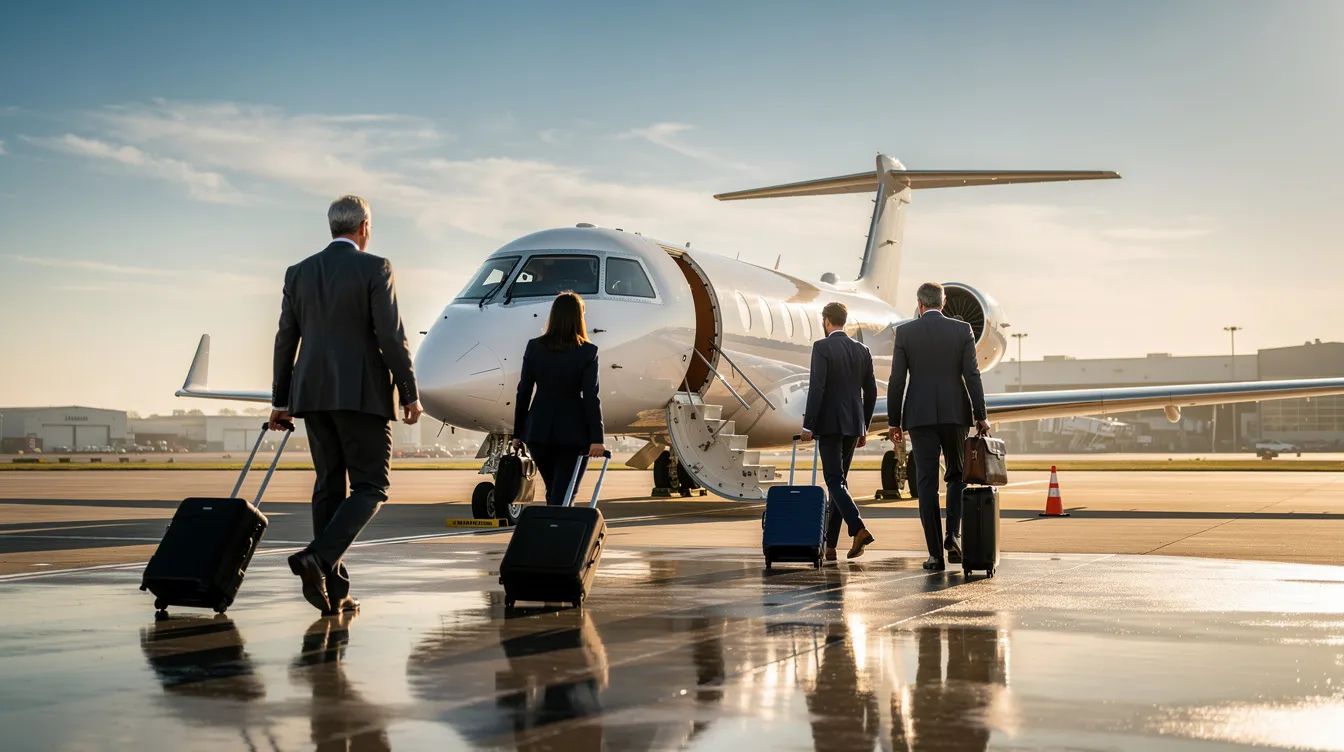 A group of business travelers is walking toward a light jet on an airport tarmac, ready to board their private flight. This scene highlights the convenience and efficiency of private aviation, particularly for those interested in affordable private jets and the benefits of flying in the light jet category.