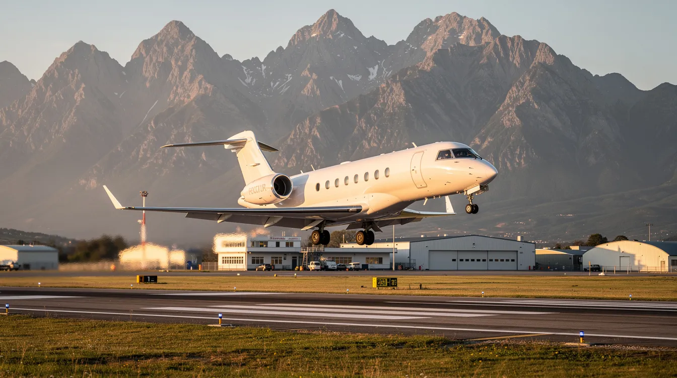 A private jet is taking off from a small regional airport, with majestic mountains in the background, showcasing the beauty of private aviation. This scene captures the essence of flying private, highlighting the convenience and accessibility of affordable private jets for enthusiasts and business travelers alike.