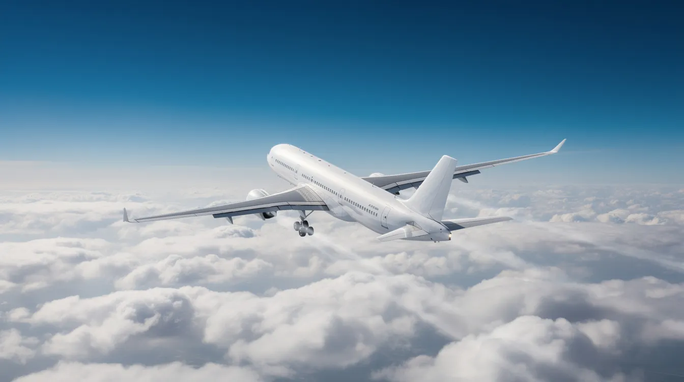 A large commercial airplane, likely from a major airline such as American Airlines or Delta, soars above a sea of fluffy white clouds against a clear blue sky, showcasing the beauty of air travel and the aerospace industry's advancements in aircraft technology.