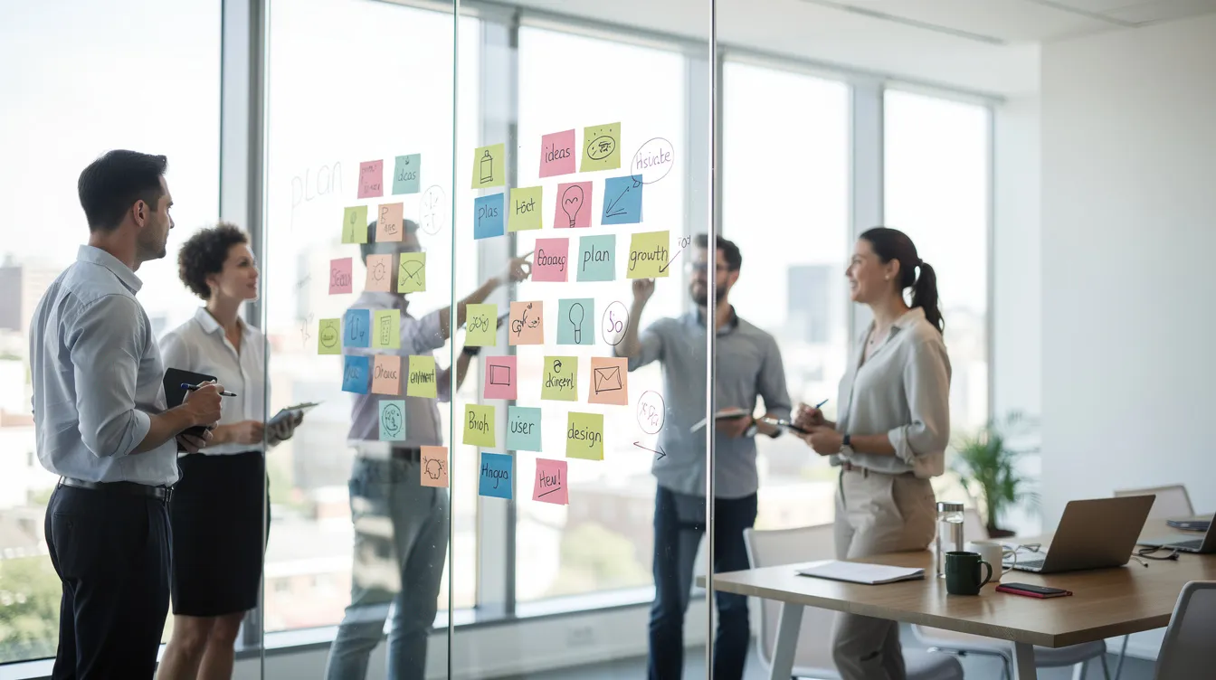 The image depicts a modern office space where a creative brainstorming session is taking place, featuring a glass wall covered in colorful sticky notes. The atmosphere is vibrant and collaborative, reflecting the innovative spirit of the aerospace industry as teams work together to enhance air travel efficiency and explore technological advancements.