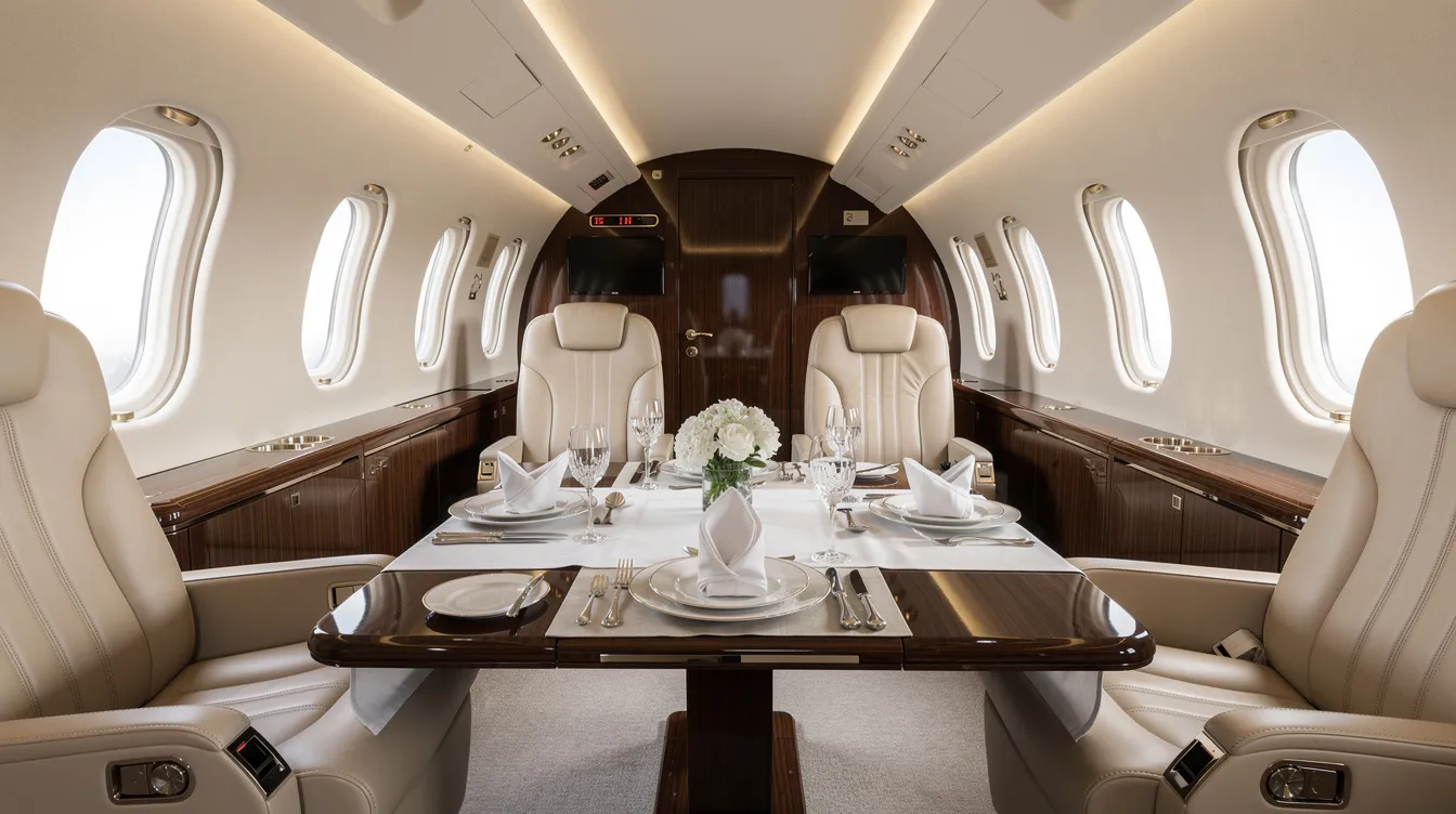 The image depicts the interior of a spacious private jet cabin featuring luxurious leather seats and a beautifully set dining table, ready for a meal, showcasing the elegance and comfort of private jet travel. This inviting atmosphere emphasizes the personalized service and convenience offered by private jet charters, ideal for both business and leisure journeys.
