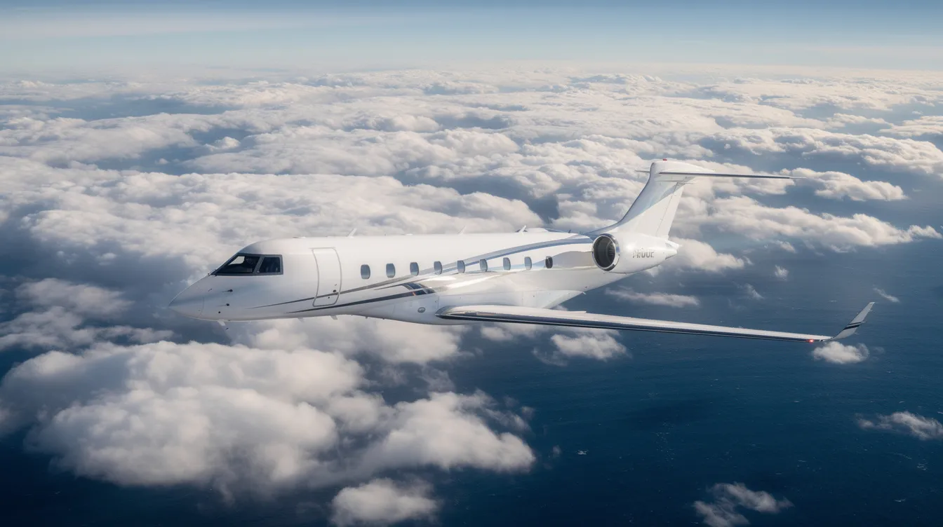 A private jet soars high above a vast ocean, with fluffy clouds drifting beneath it, symbolizing the luxury and convenience of private jet travel. This image captures the essence of personalized service and the freedom of flying private on international journeys.