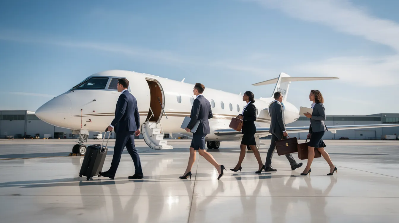 A group of business travelers in suits walks confidently towards a private jet with its door open, ready for departure on a bright morning. This scene captures the essence of private jet travel, highlighting the luxury and convenience of private aviation for professionals on the go.
