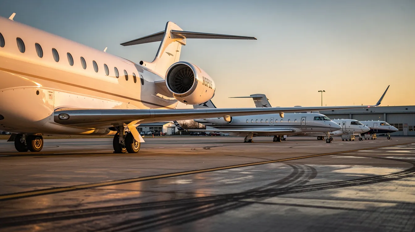 The image shows several private jets of various sizes parked in a neat line on an airport ramp, highlighting the luxurious world of private aviation. This scene reflects the operational excellence of private jet companies catering to the needs of private jet travelers and charter flight services.
